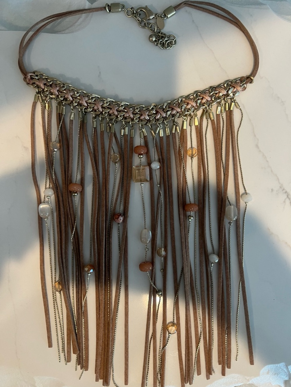 Fringe Suede-Look Statement Necklace in Tan with Mixed Metal Accents - Picture 2 of 3